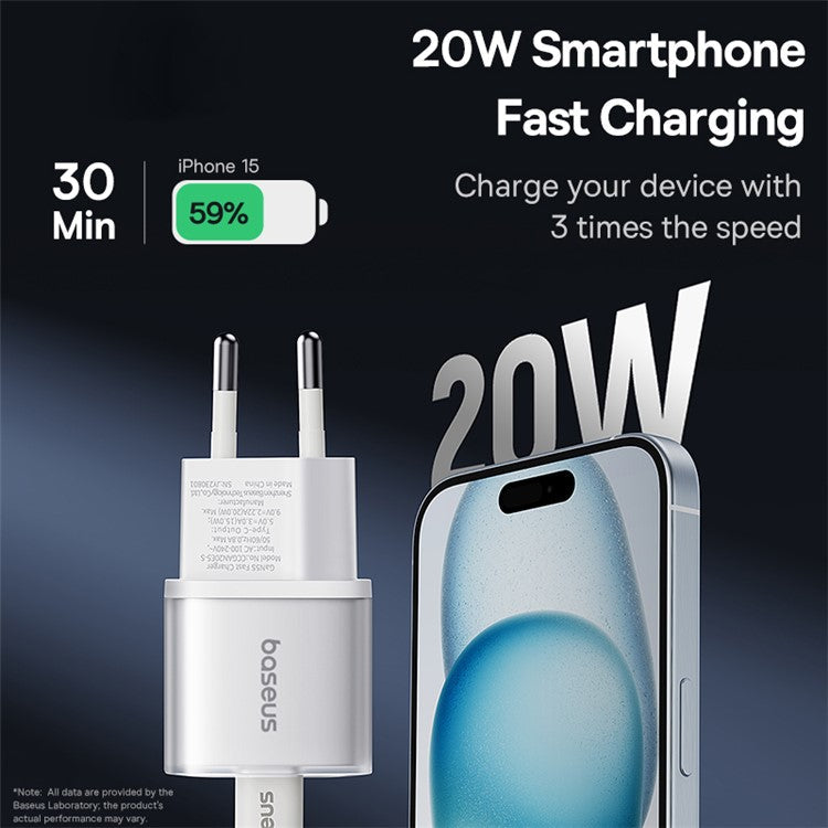 BASEUS GaN5S 20W Type-C Single Port Fast Charger Power Adapter EU Plug - White