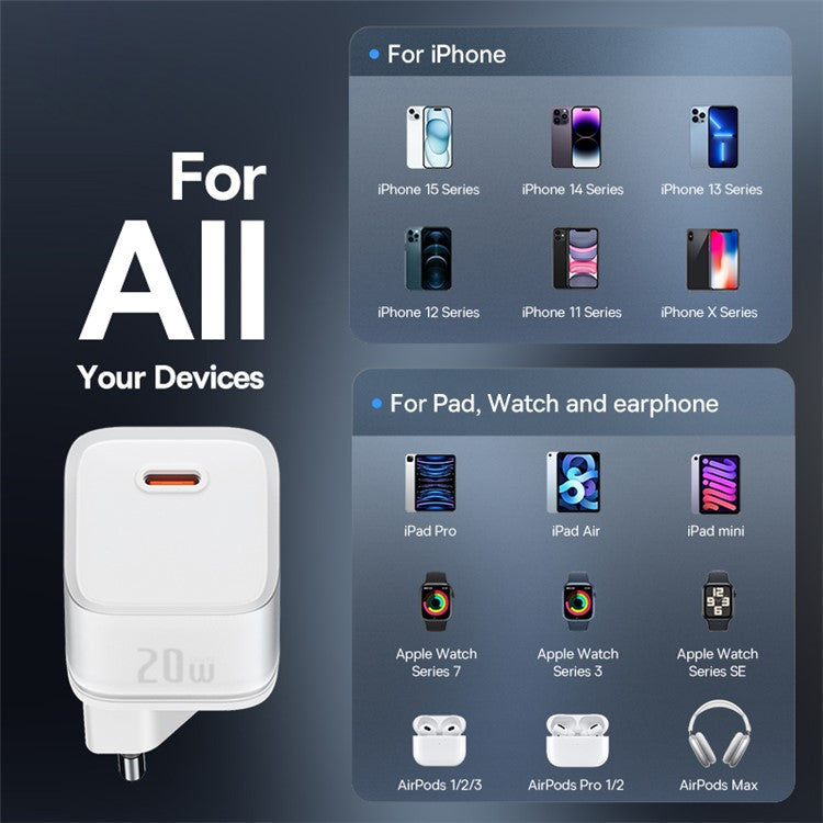 BASEUS GaN5S 20W Type-C Single Port Fast Charger Power Adapter EU Plug - White