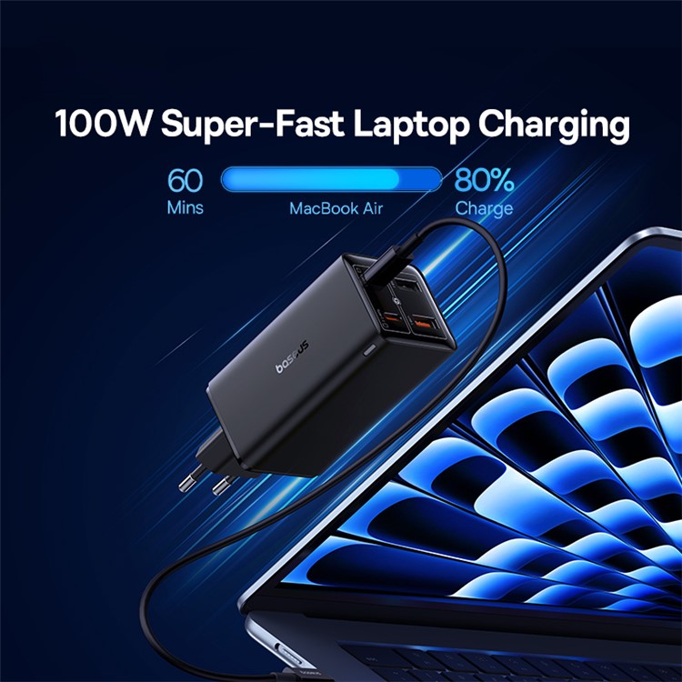BASEUS GaN6 Pro Fast Charger 2 Type-C +2 USB 100W EU Plug Wall Adapter - Black