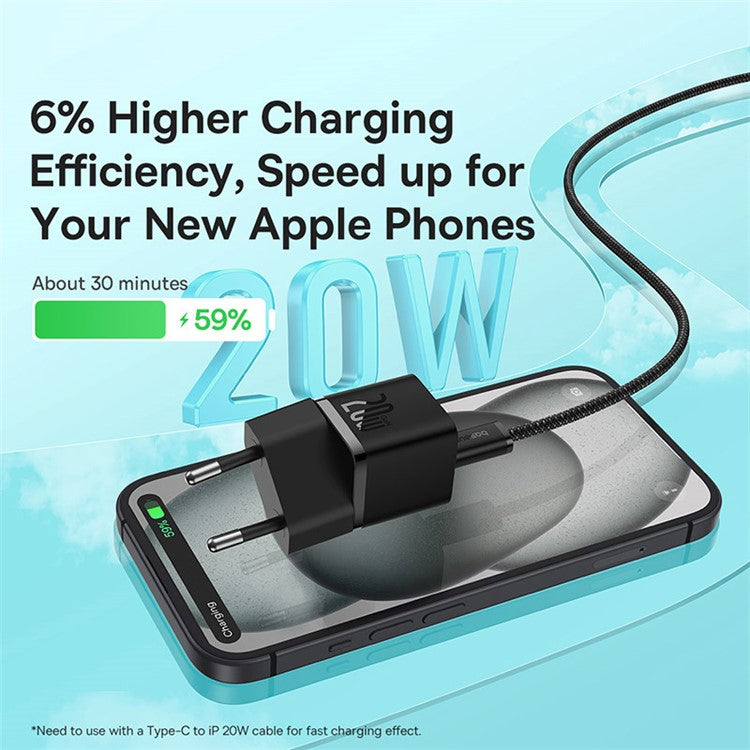 BASEUS CCGAN20E5-M GaN5 Fast Charger Mini Type-C 20W Wall Charger Adapter, EU Plug - Black