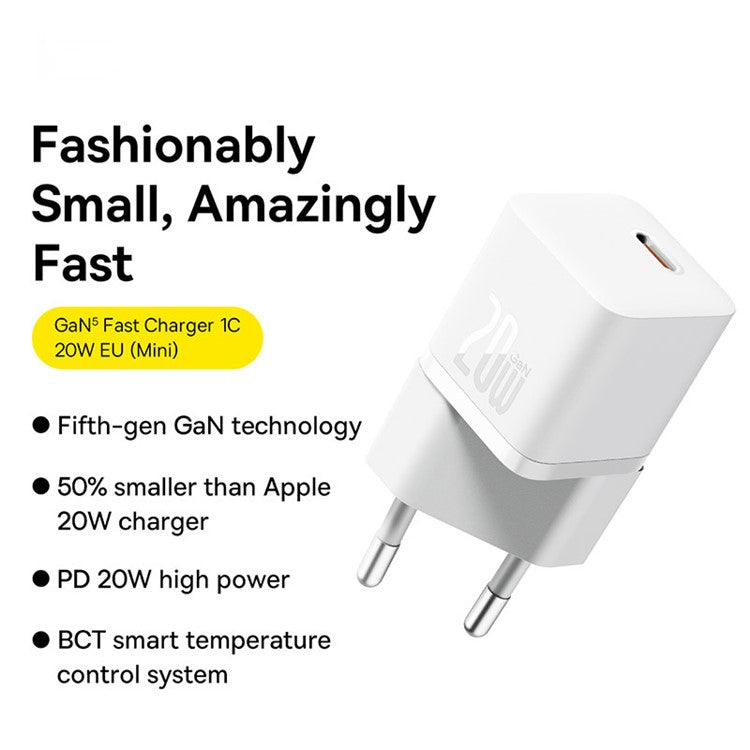 BASEUS CCGAN20E5-M GaN5 Fast Charger Mini Type-C 20W Wall Charger Adapter, EU Plug - White