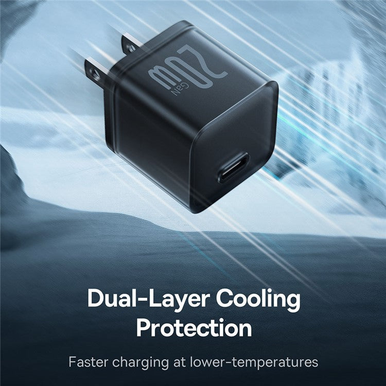 BASEUS GaN5S CCGAN20C5-S PD 20W Type-C Fast Charger US Plug Adapter with Type-C to Type-C Cable - Black