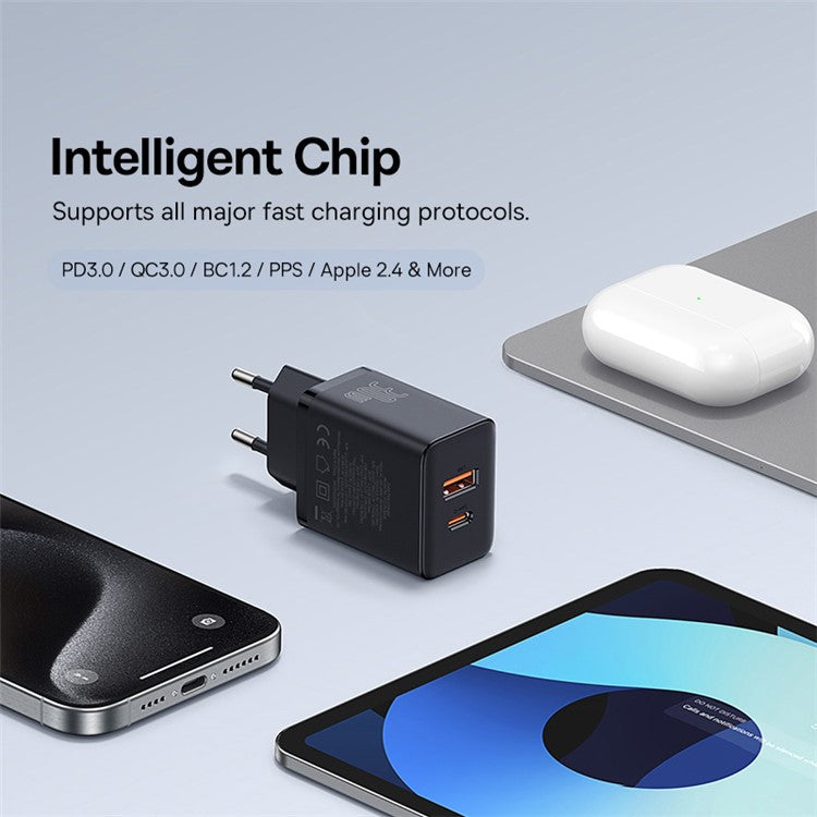 BASEUS Cube Fast Charger Type-C+USB Dual Port 30W Charging Adapter, EU Plug - Black