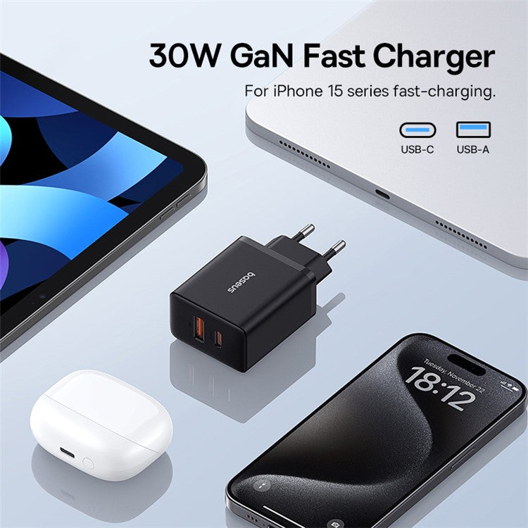BASEUS Cube Fast Charger Type-C+USB Dual Port 30W Charging Adapter, EU Plug - Black