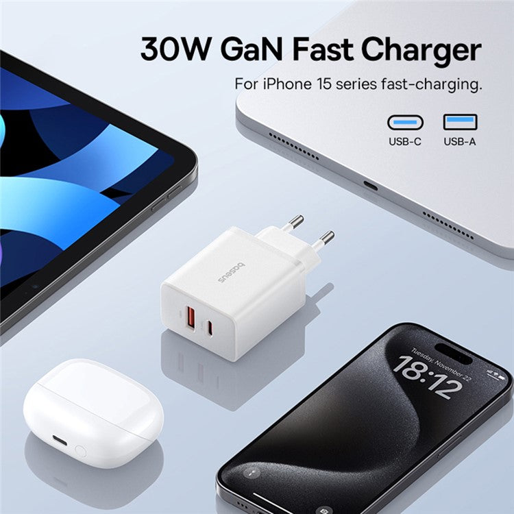 BASEUS Cube Fast Charger Type-C+USB Dual Port 30W Charging Adapter, EU Plug - White