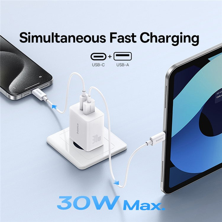 BASEUS Cube Fast Charger Type-C+USB Dual Port 30W Charging Adapter, EU Plug - White