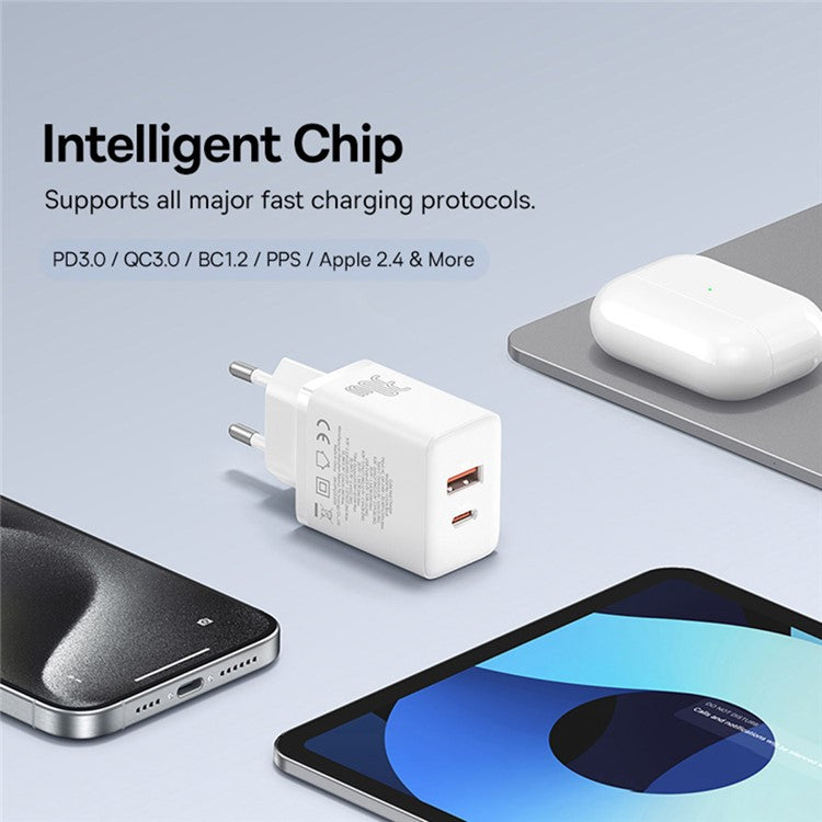 BASEUS Cube Fast Charger Type-C+USB Dual Port 30W Charging Adapter, EU Plug - White
