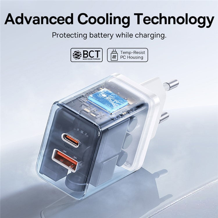 BASEUS Cube Fast Charger Type-C+USB Dual Port 30W Charging Adapter, EU Plug - White