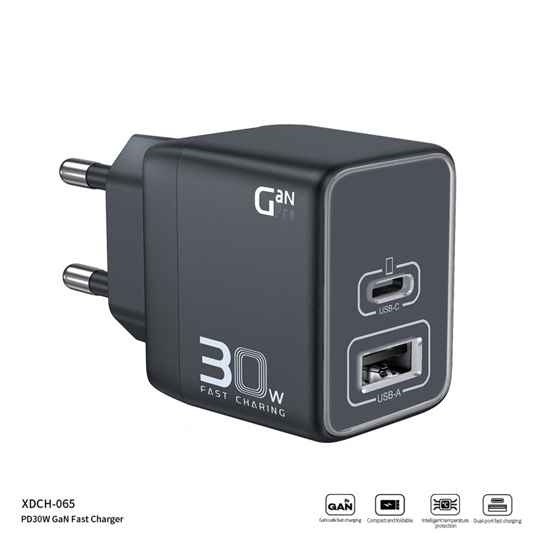 XUNDD XDCH-065 Type-C+USB-A 30W Fast Charging Block Portable GaN Power Adapter - EU Plug