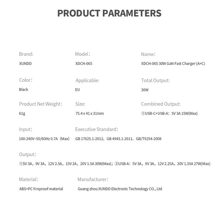 XUNDD XDCH-065 Type-C+USB-A 30W Fast Charging Block Portable GaN Power Adapter - EU Plug