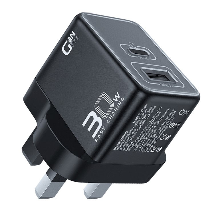XUNDD XDCH-065 Type-C+USB-A 30W Fast Charging Block Portable GaN Power Adapter - UK Plug
