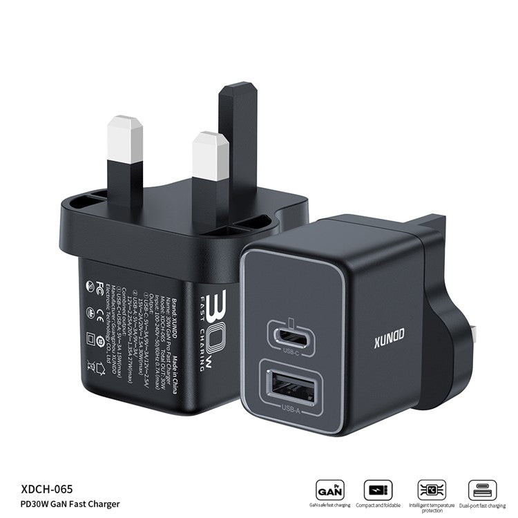 XUNDD XDCH-065 Type-C+USB-A 30W Fast Charging Block Portable GaN Power Adapter - UK Plug