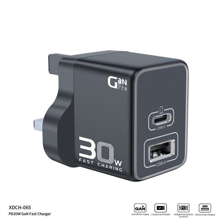XUNDD XDCH-065 Type-C+USB-A 30W Fast Charging Block Portable GaN Power Adapter - UK Plug