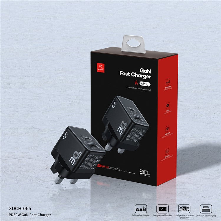 XUNDD XDCH-065 Type-C+USB-A 30W Fast Charging Block Portable GaN Power Adapter - UK Plug