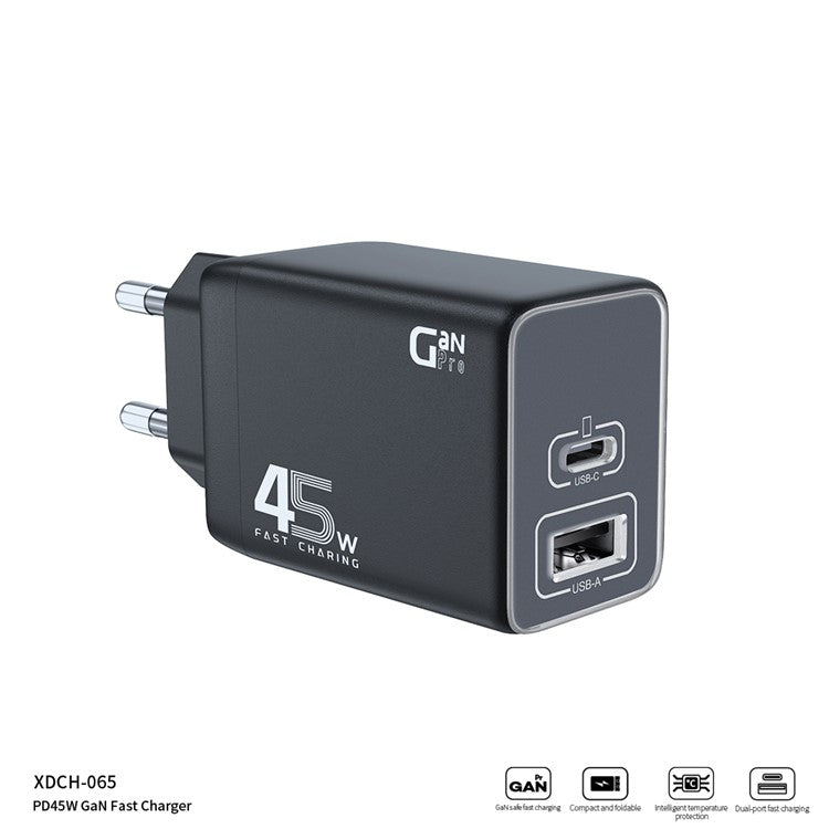 XUNDD XDCH-065 GaN Power Adapter Type-C+USB-A Dual Port 45W Fast Charging Block - EU Plug