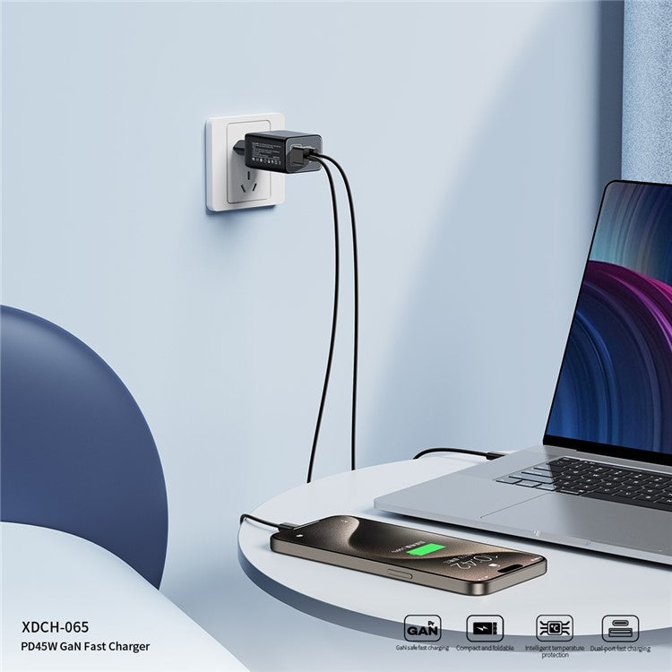 XUNDD XDCH-065 GaN Power Adapter Type-C+USB-A Dual Port 45W Fast Charging Block - EU Plug