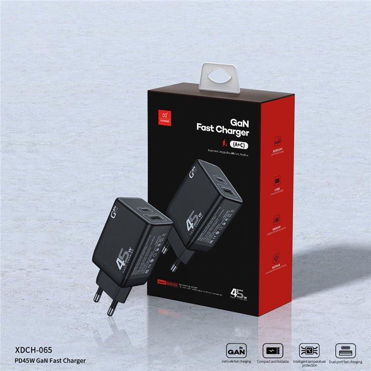 XUNDD XDCH-065 GaN Power Adapter Type-C+USB-A Dual Port 45W Fast Charging Block - EU Plug