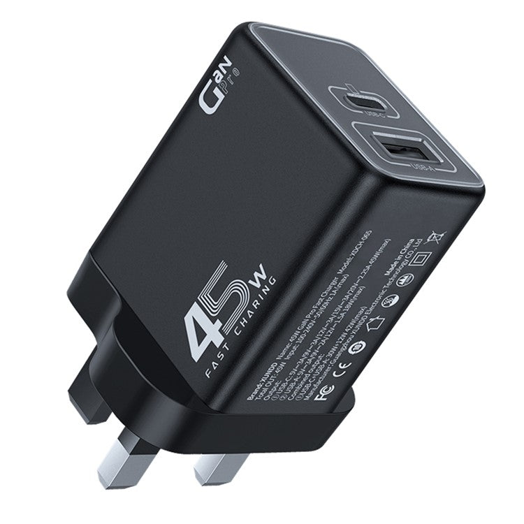 XUNDD XDCH-065 GaN Power Adapter Type-C+USB-A Dual Port 45W Fast Charging Block - UK Plug