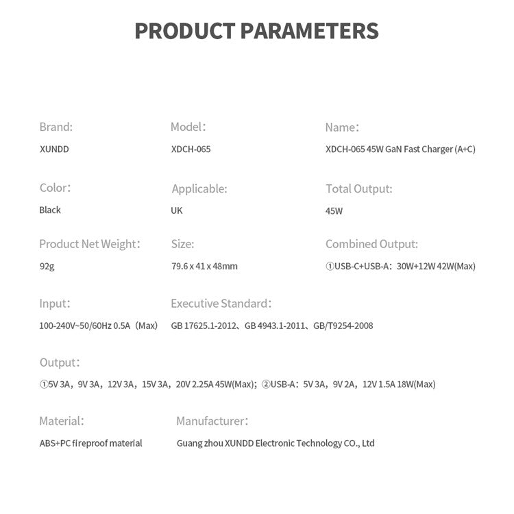 XUNDD XDCH-065 GaN Power Adapter Type-C+USB-A Dual Port 45W Fast Charging Block - UK Plug