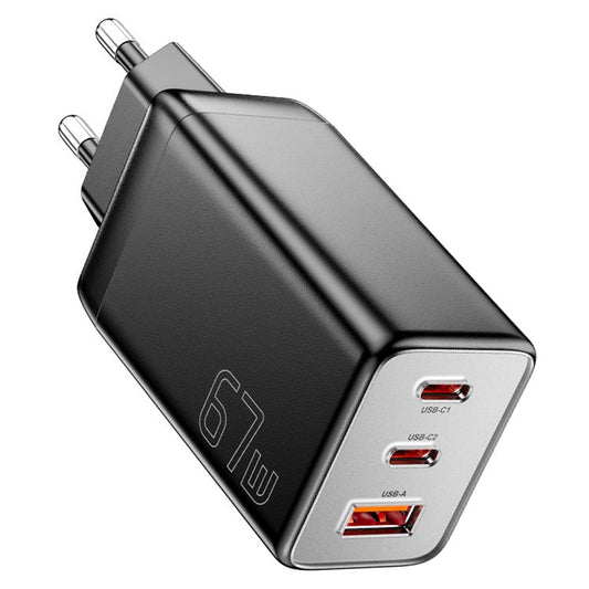 ESSAGER 67W High Power GaN Travel Adapter USB-A + 2 Type-C Portable Wall Charger - EU Plug / Black
