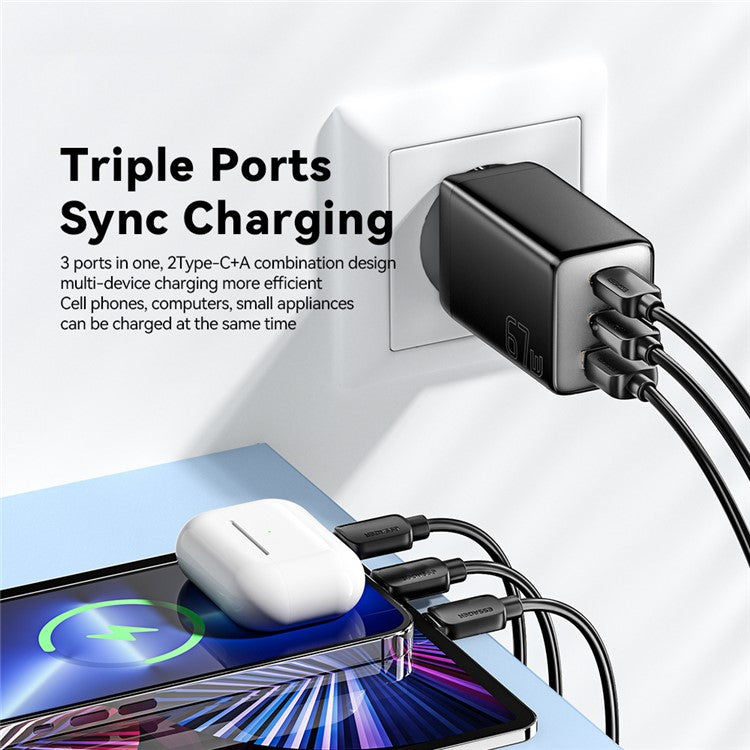 ESSAGER 67W High Power GaN Travel Adapter USB-A + 2 Type-C Portable Wall Charger - EU Plug / Black