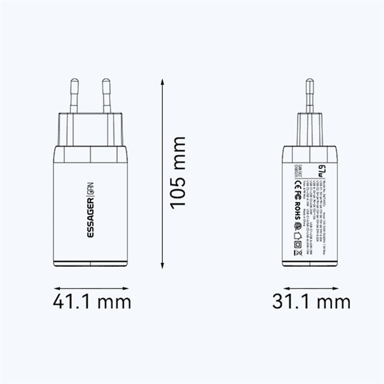 ESSAGER 67W High Power GaN Travel Adapter USB-A + 2 Type-C Portable Wall Charger - EU Plug / Black