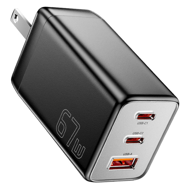 ESSAGER 67W High Power GaN Travel Adapter USB-A + 2 Type-C Portable Wall Charger - US Plug / Black