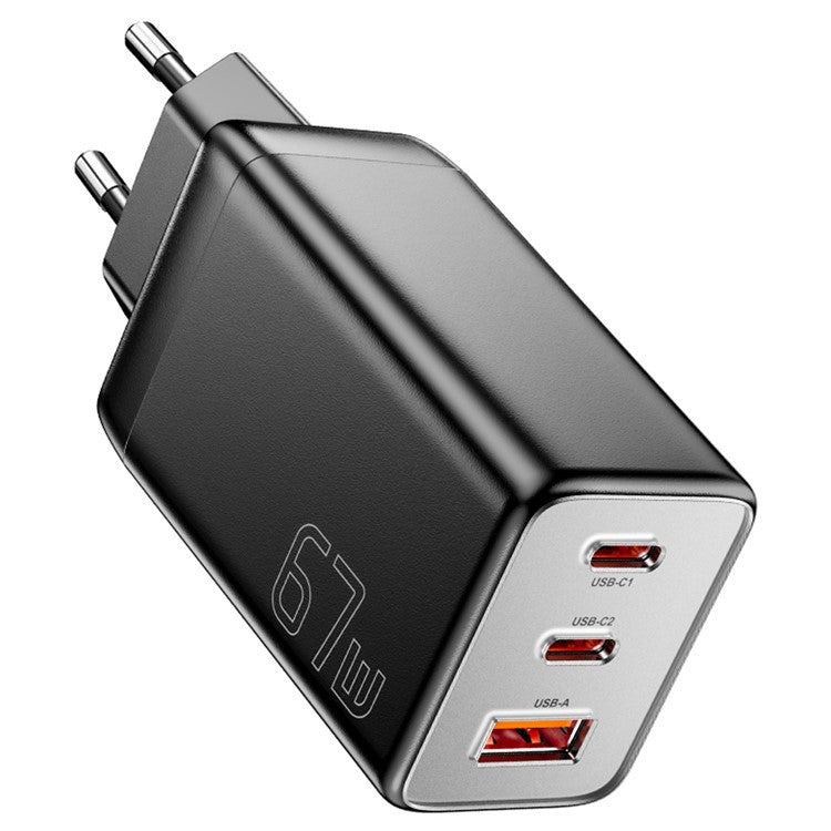 ESSAGER 67W High Power GaN Travel Adapter USB-A + 2 Type-C Portable Wall Charger - KR Plug / Black