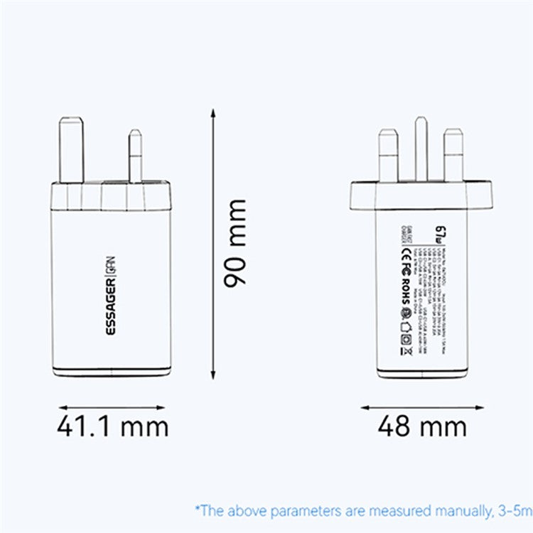 ESSAGER 67W High Power GaN Travel Adapter USB-A + 2 Type-C Portable Wall Charger - UK Plug / Black