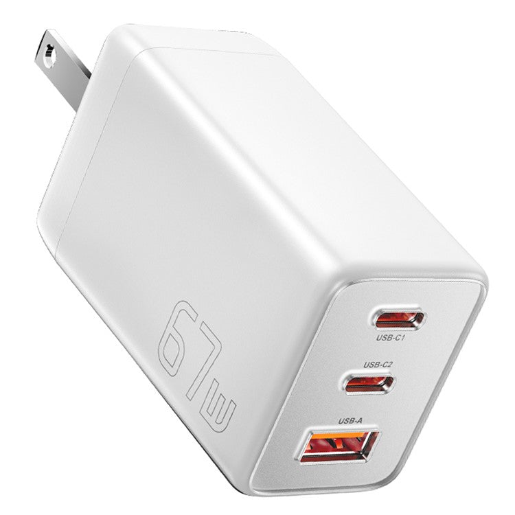ESSAGER 67W High Power GaN Travel Adapter USB-A + 2 Type-C Portable Wall Charger - US Plug / White