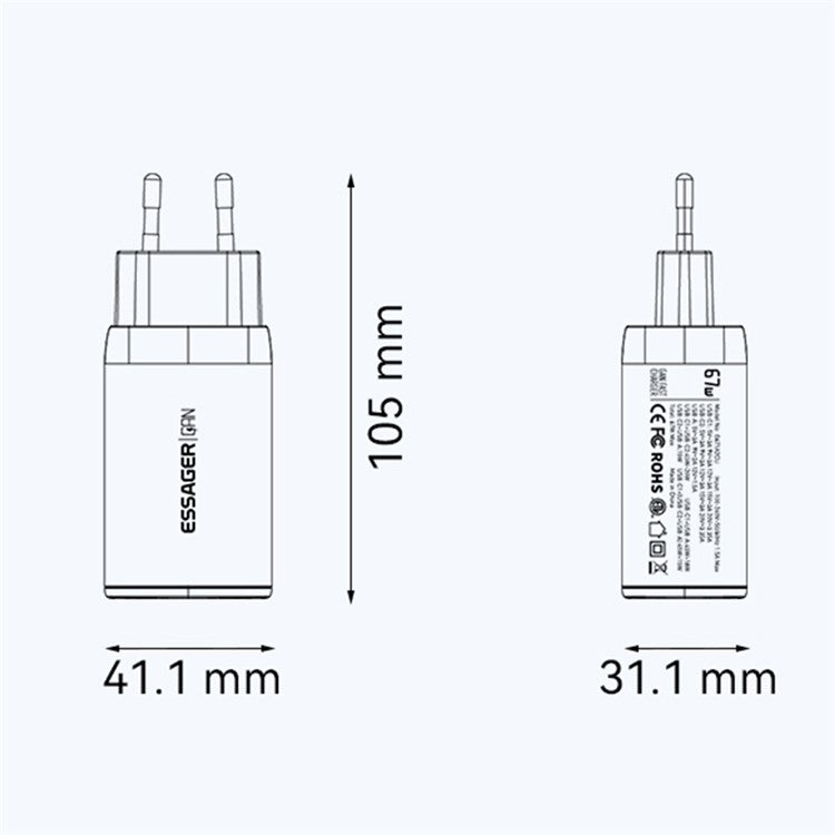 ESSAGER 67W High Power GaN Travel Adapter USB-A + 2 Type-C Portable Wall Charger - KR Plug / White