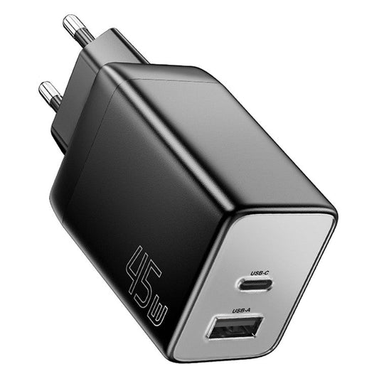 ESSAGER ES-CD40 45W GaN Travel Charger Type-C + USB-A Phone Tablet Power Adapter - Black EU Plug