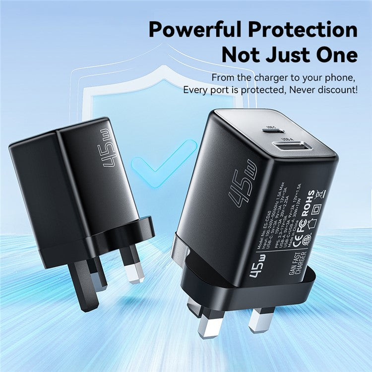 ESSAGER ES-CD40 45W GaN Travel Charger Type-C + USB-A Phone Tablet Power Adapter - Black UK Plug