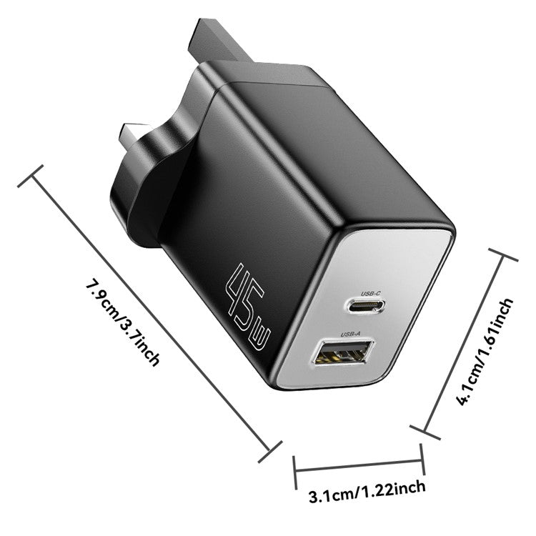 ESSAGER ES-CD40 45W GaN Travel Charger Type-C + USB-A Phone Tablet Power Adapter - Black UK Plug