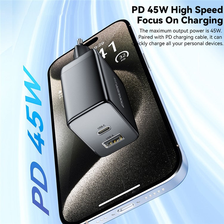 ESSAGER ES-CD40 45W GaN Travel Charger Type-C + USB-A Phone Tablet Power Adapter - Black KR Plug