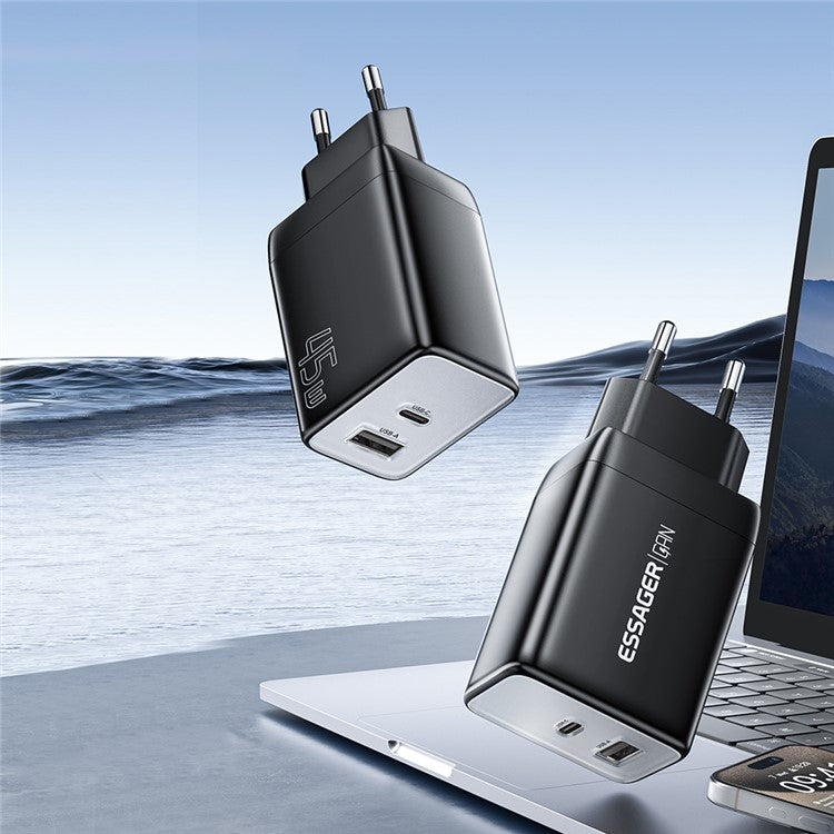 ESSAGER ES-CD40 45W GaN Travel Charger Type-C + USB-A Phone Tablet Power Adapter - Black KR Plug