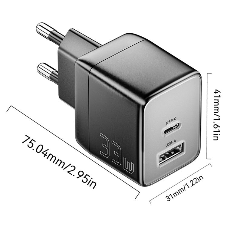 ESSAGER PD 33W Fast Charging Wall Charger USB-A + Type-C Travel GaN Adapter - EU Plug / Black