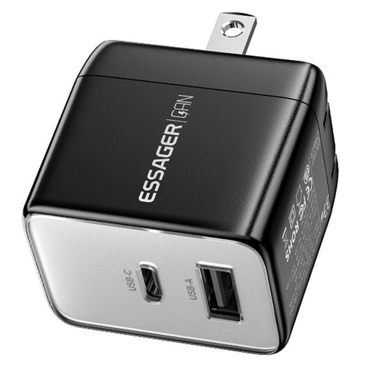 ESSAGER PD 33W Fast Charging Wall Charger USB-A + Type-C Travel GaN Adapter - US Plug / Black