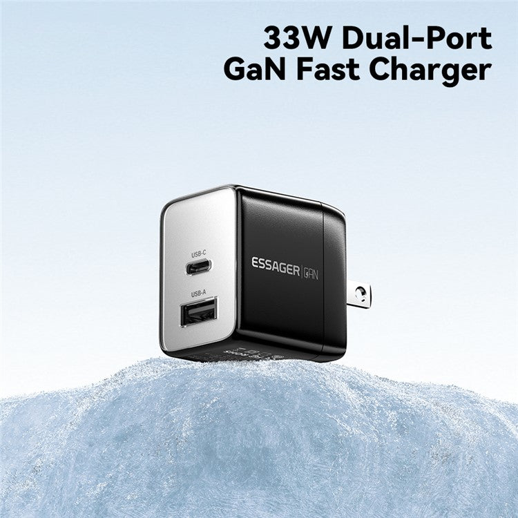 ESSAGER PD 33W Fast Charging Wall Charger USB-A + Type-C Travel GaN Adapter - US Plug / Black