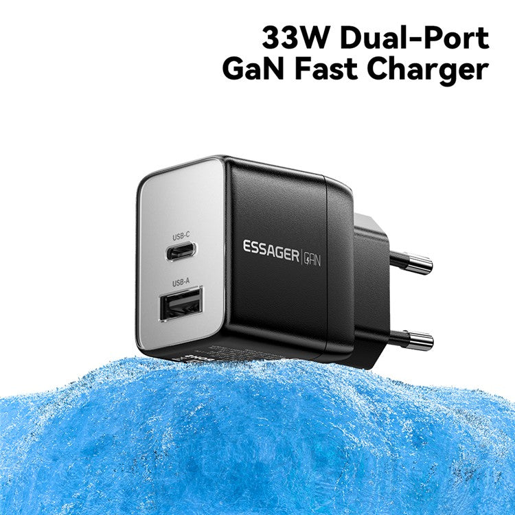 ESSAGER PD 33W Fast Charging Wall Charger USB-A + Type-C Travel GaN Adapter - KR Plug / Black