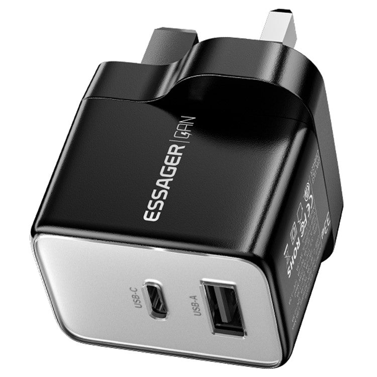 ESSAGER PD 33W Fast Charging Wall Charger USB-A + Type-C Travel GaN Adapter - UK Plug / Black