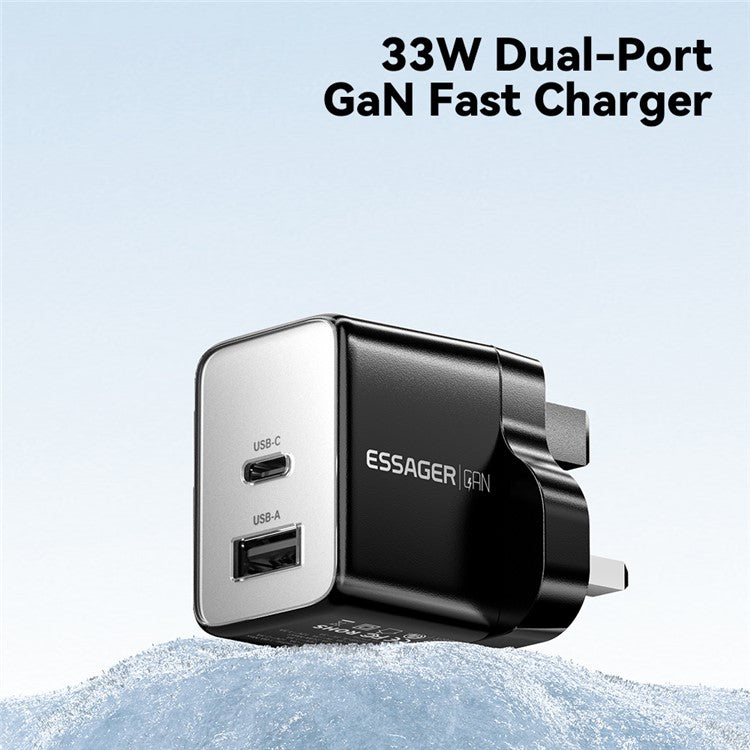 ESSAGER PD 33W Fast Charging Wall Charger USB-A + Type-C Travel GaN Adapter - UK Plug / Black