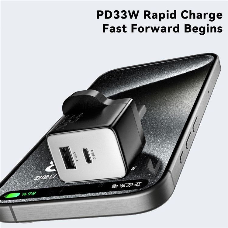 ESSAGER PD 33W Fast Charging Wall Charger USB-A + Type-C Travel GaN Adapter - UK Plug / Black
