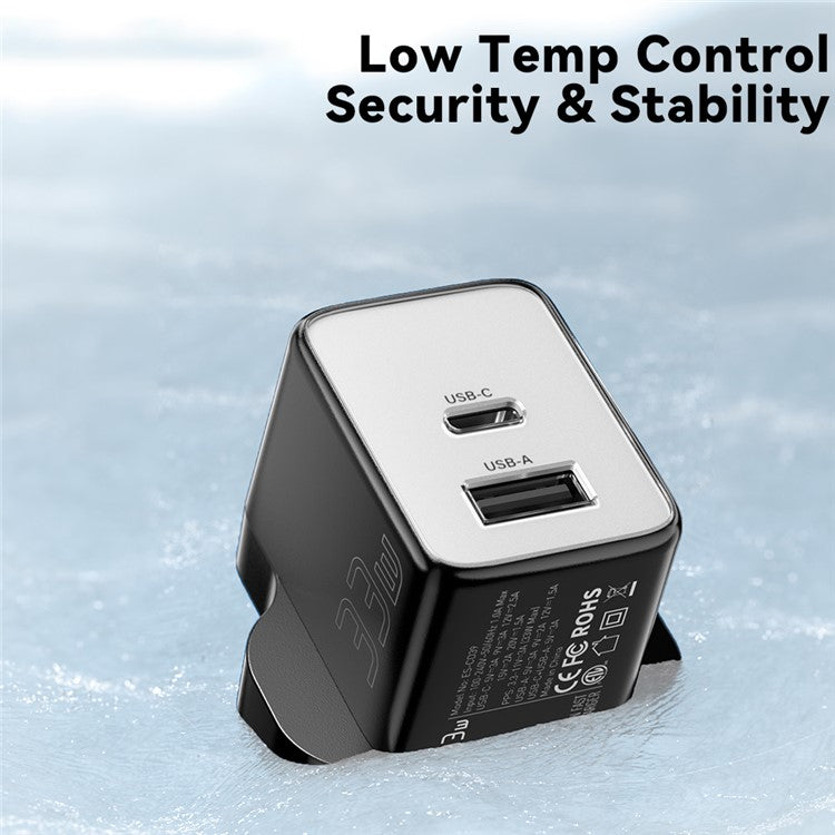 ESSAGER PD 33W Fast Charging Wall Charger USB-A + Type-C Travel GaN Adapter - UK Plug / Black