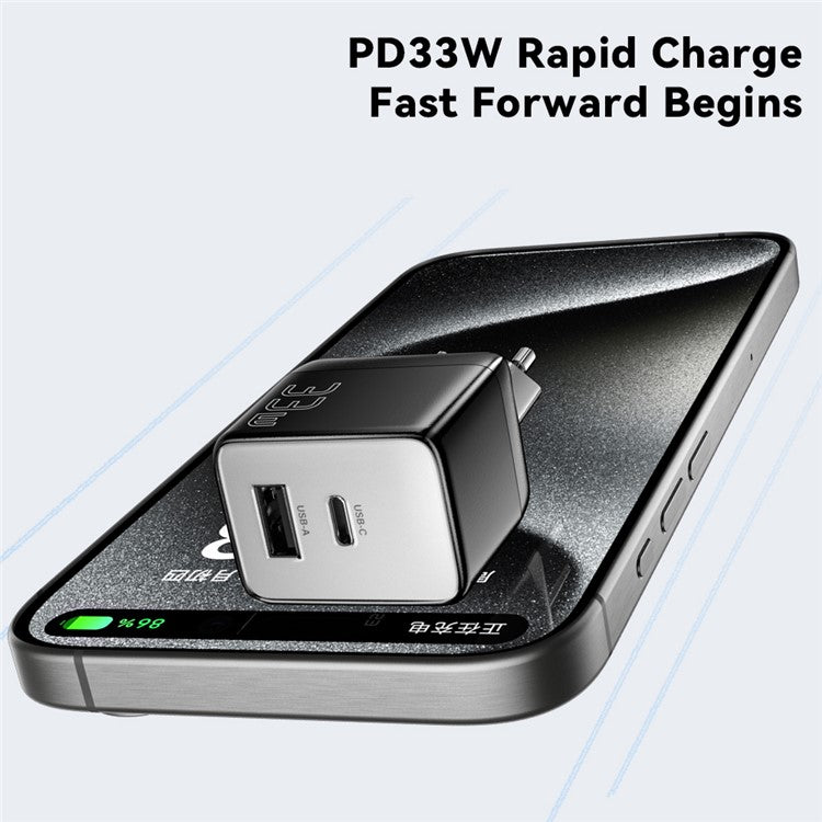 ESSAGER PD 33W Fast Charging Wall Charger USB-A + Type-C Travel GaN Adapter - EU Plug / White