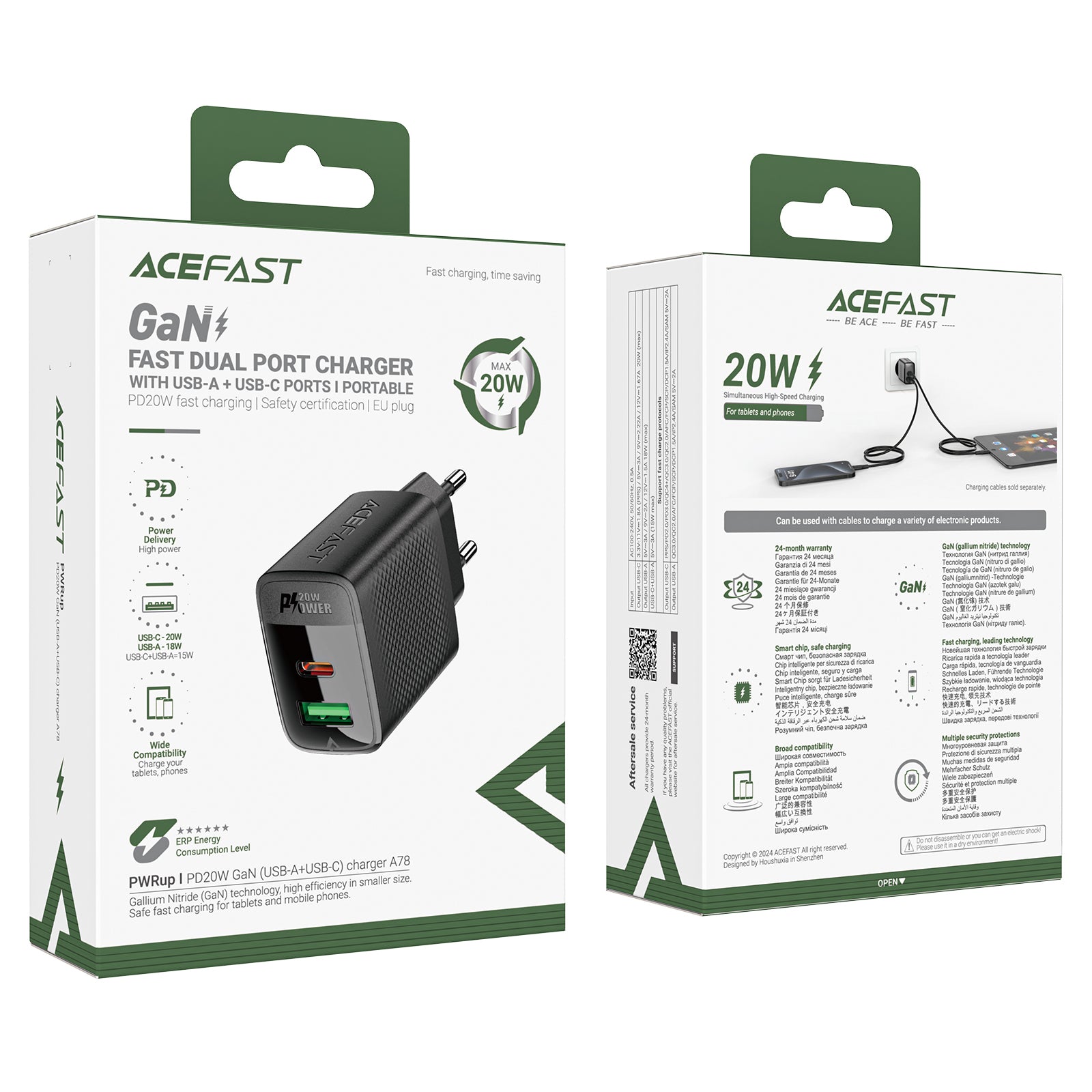 ACEFAST A78 GaN Wall Charger Plug PD 20W USB+Type-C Charging Adapter (EU Plug)