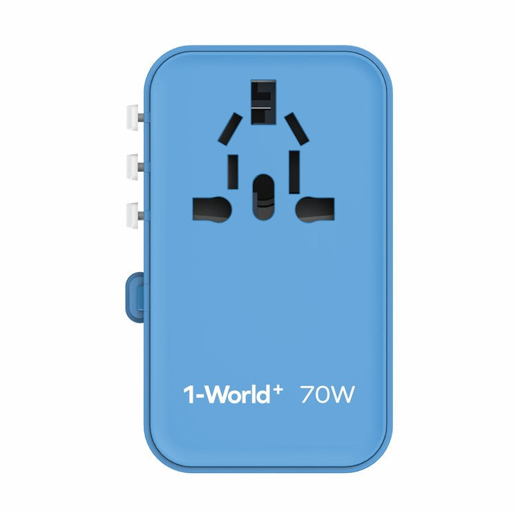 MOMAX UA18 1-World+ GaN Travel Adapter Global Wall Charger with Retractable 70W Type-C Cable - Blue