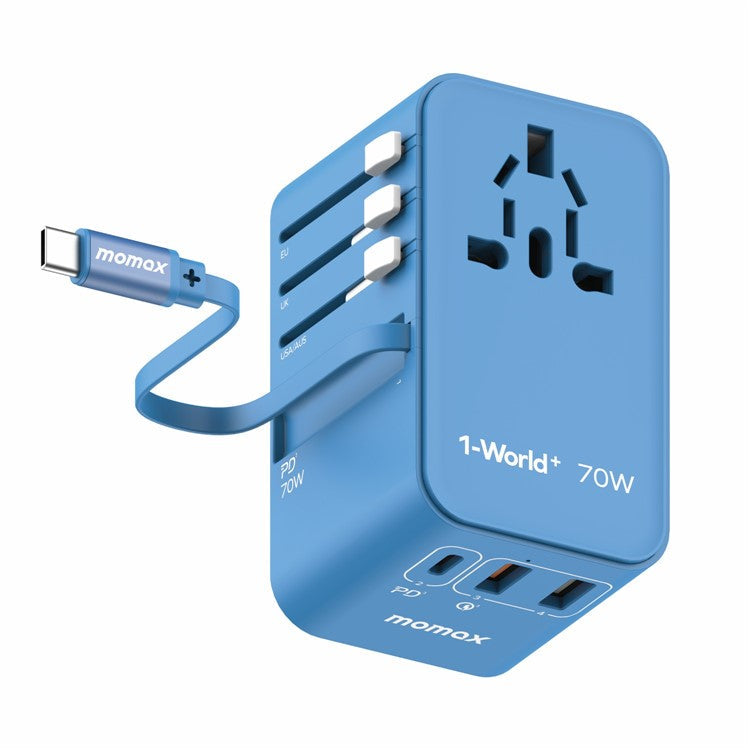 MOMAX UA18 1-World+ GaN Travel Adapter Global Wall Charger with Retractable 70W Type-C Cable - Blue