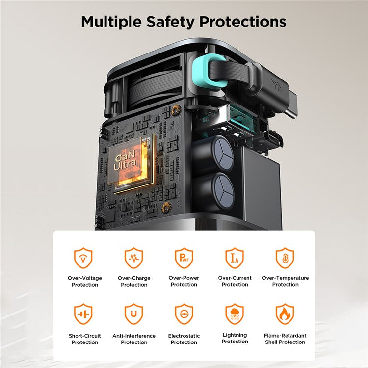 JOYROOM TCL02 65W Gan Charger with Retractable USB-C Cable, USB+Type-C Port Wall Charger, EU Plug