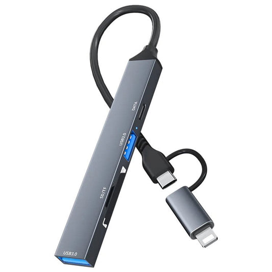 ADS-805 Type-C+Lightning Hub Expansion Converter to USB-C Data+USB 2.0+USB 3.0+2 Card Reader Slots